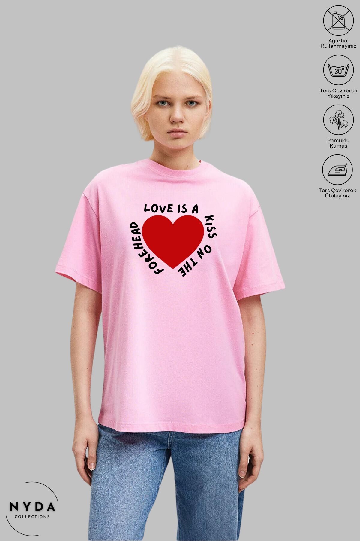 Nyda Collections Kadın Bisiklet Yaka Kalp Love Baskılı Pamuk Oversize Kısa Kollu Tişört