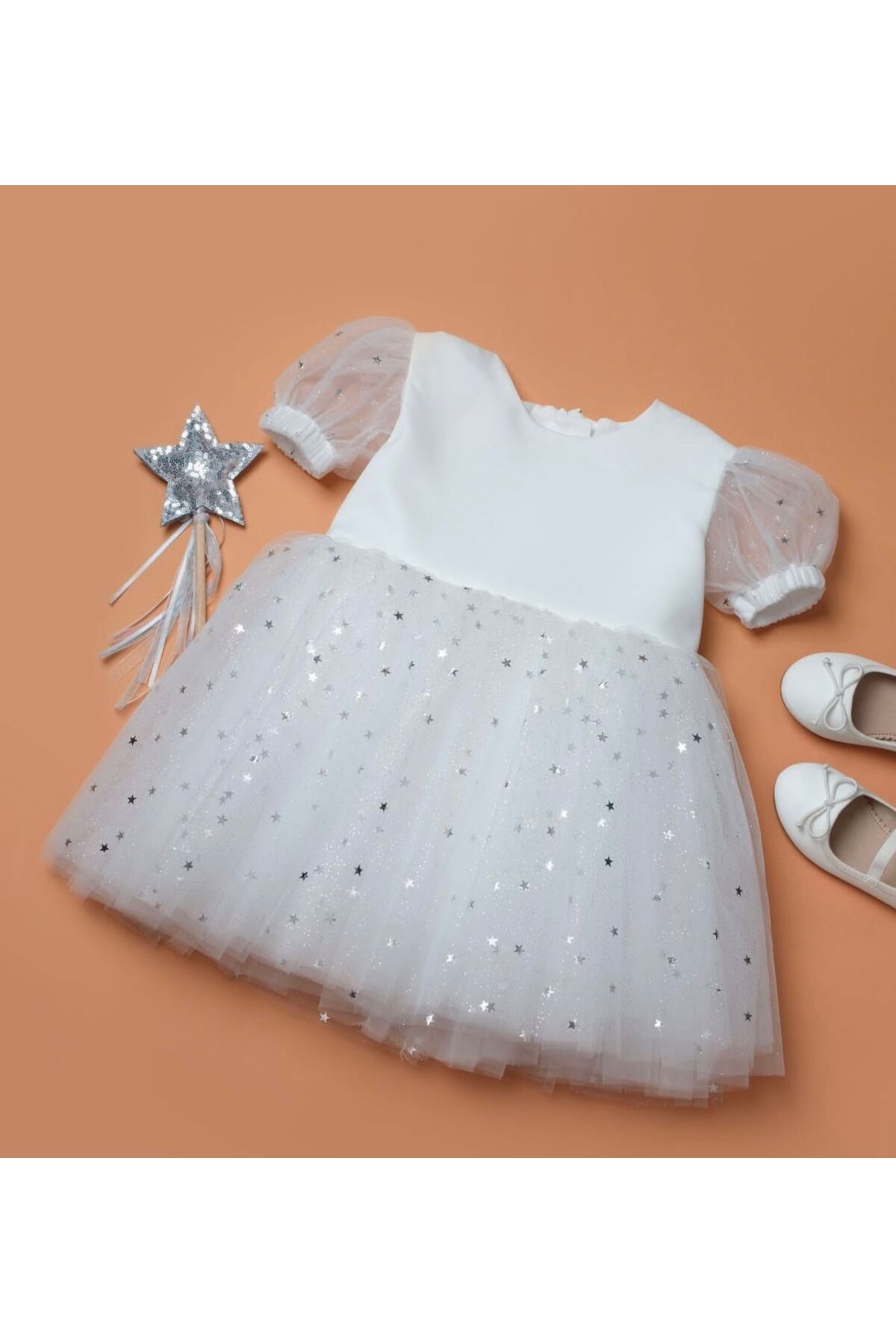 babymoon kids Kız Çocuk Party Doğum Günü Özel Gün Beyaz Fiyonklu Yıldızlı Tütülü Kısa Kol Elbise