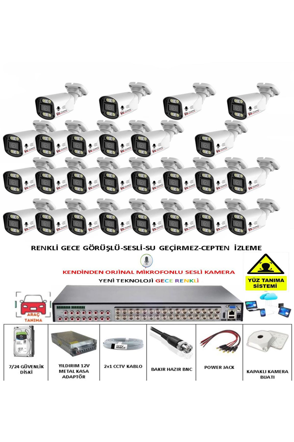 YILDIRIMGROUP 26 LI SESLİ GÜVENLİK KAMERASI 5 MP GECE RENKLİ YÜZ VE ARAÇ TANIMALI FULL HD KAMERA SİSTEMİ