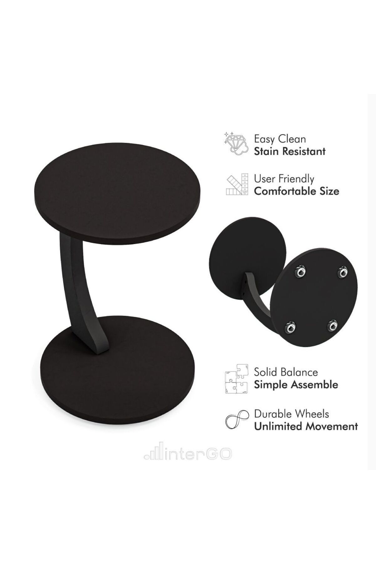 interGO-C-shaped Round End Table With Rolling Wheels - Black 4