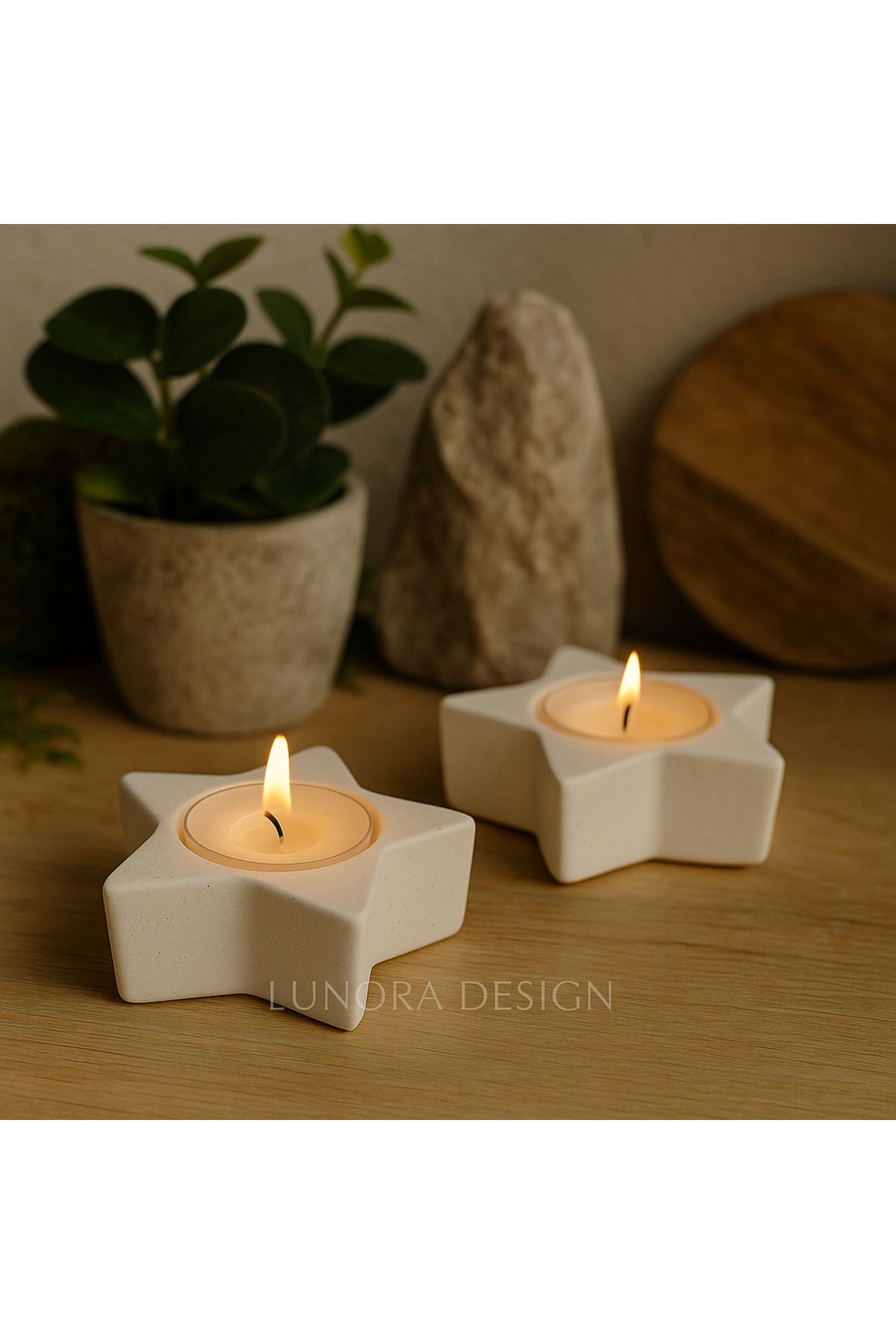 Lunora Design 2’li Yıldız Şeklinde El Yapımı Tealight Mumluk – Beyaz Dekoratif Set