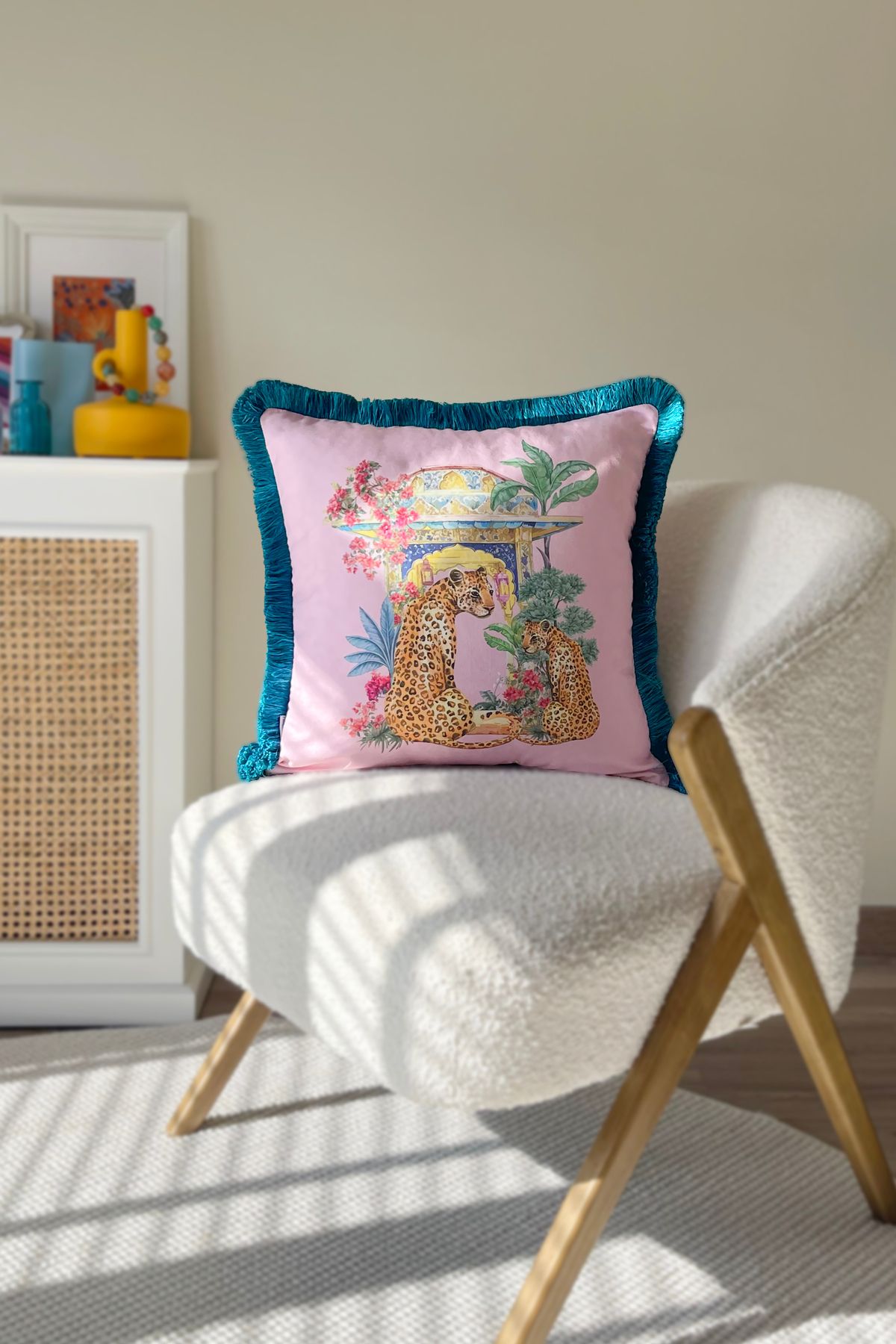 RİTMOHOME Leopar Desenli Püsküllü Vintage, Country, Iskandinav, Bohem 50x50 Dekoratif Yastık(İÇİ DOLGULU)