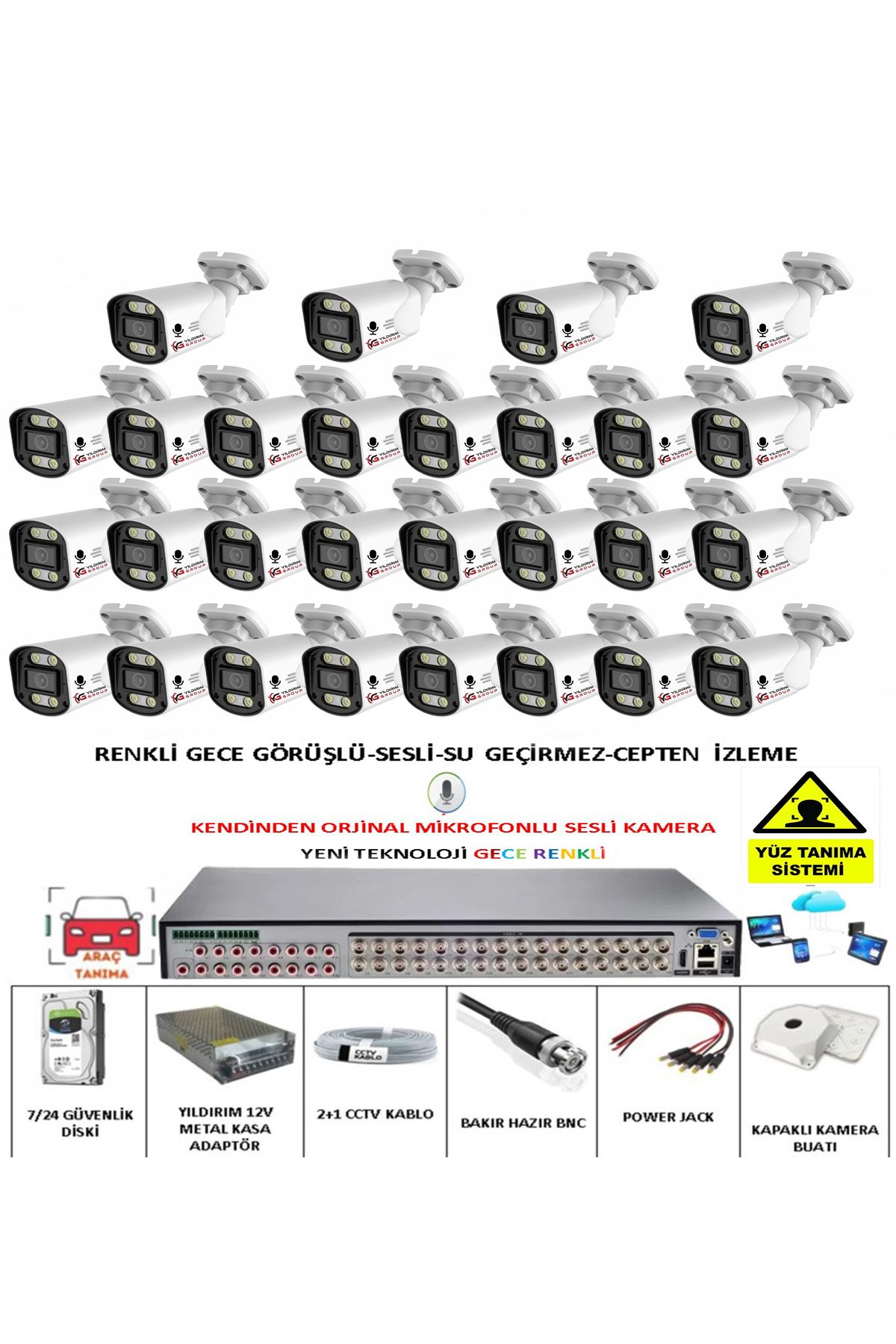YILDIRIMGROUP 28 Lİ SESLİ GÜVENLİK KAMERASI 5 MP GECE RENKLİ YÜZ VE ARAÇ TANIMALI FULL HD KAMERA SİSTEMİ