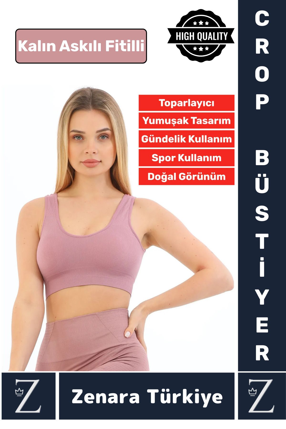 Zenara Özel Model Göğüs Toparlayan Sarkma Önleyen Gündelik Spor Kullanım Kalın Askılı Fitilli Crop Büstiyer