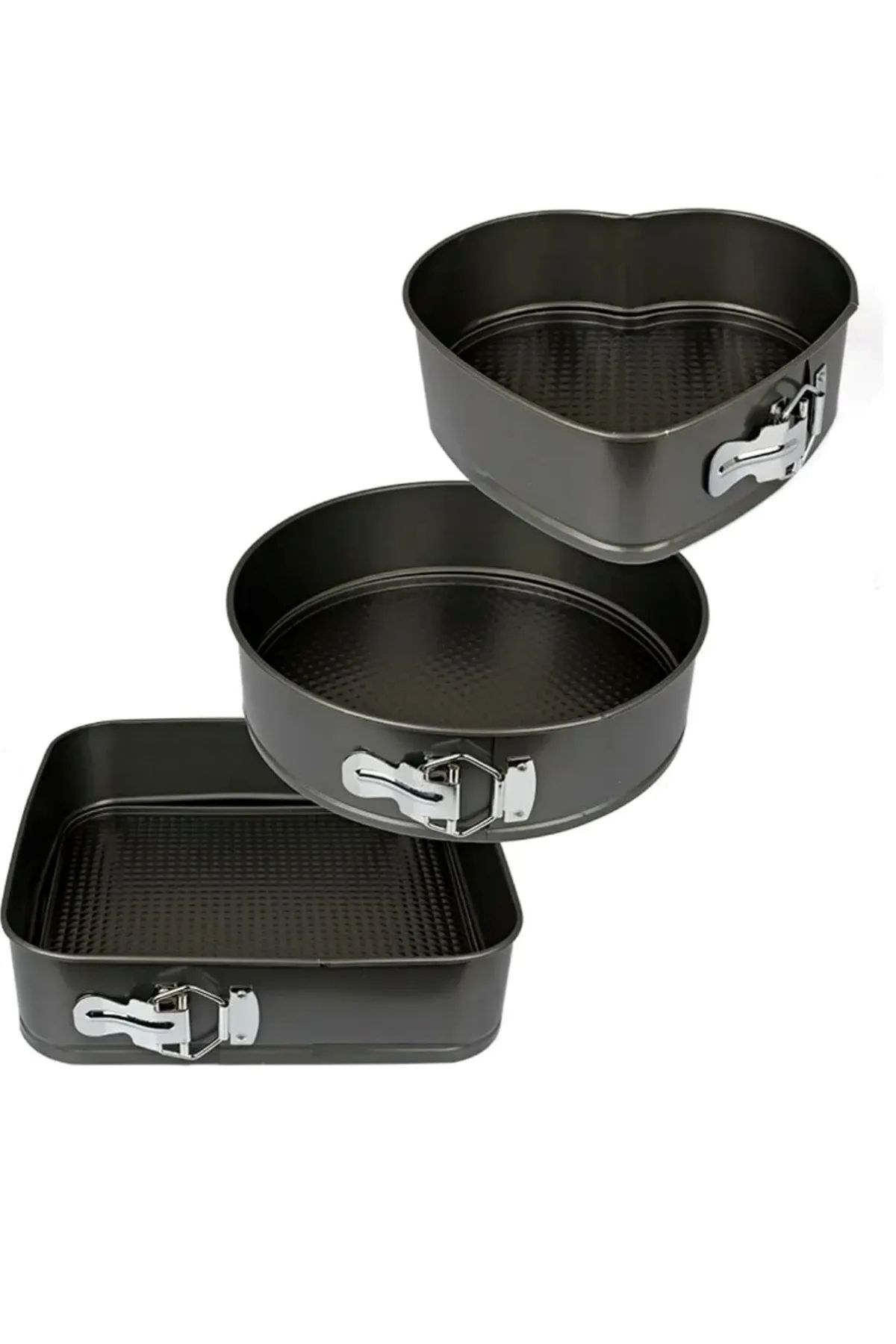 Parland 3'lü Kelepçeli Pasta Kek Turta Kalıbı Seti Granit Döküm Kare ve Kalp Model Kalıp 24-26-28cm