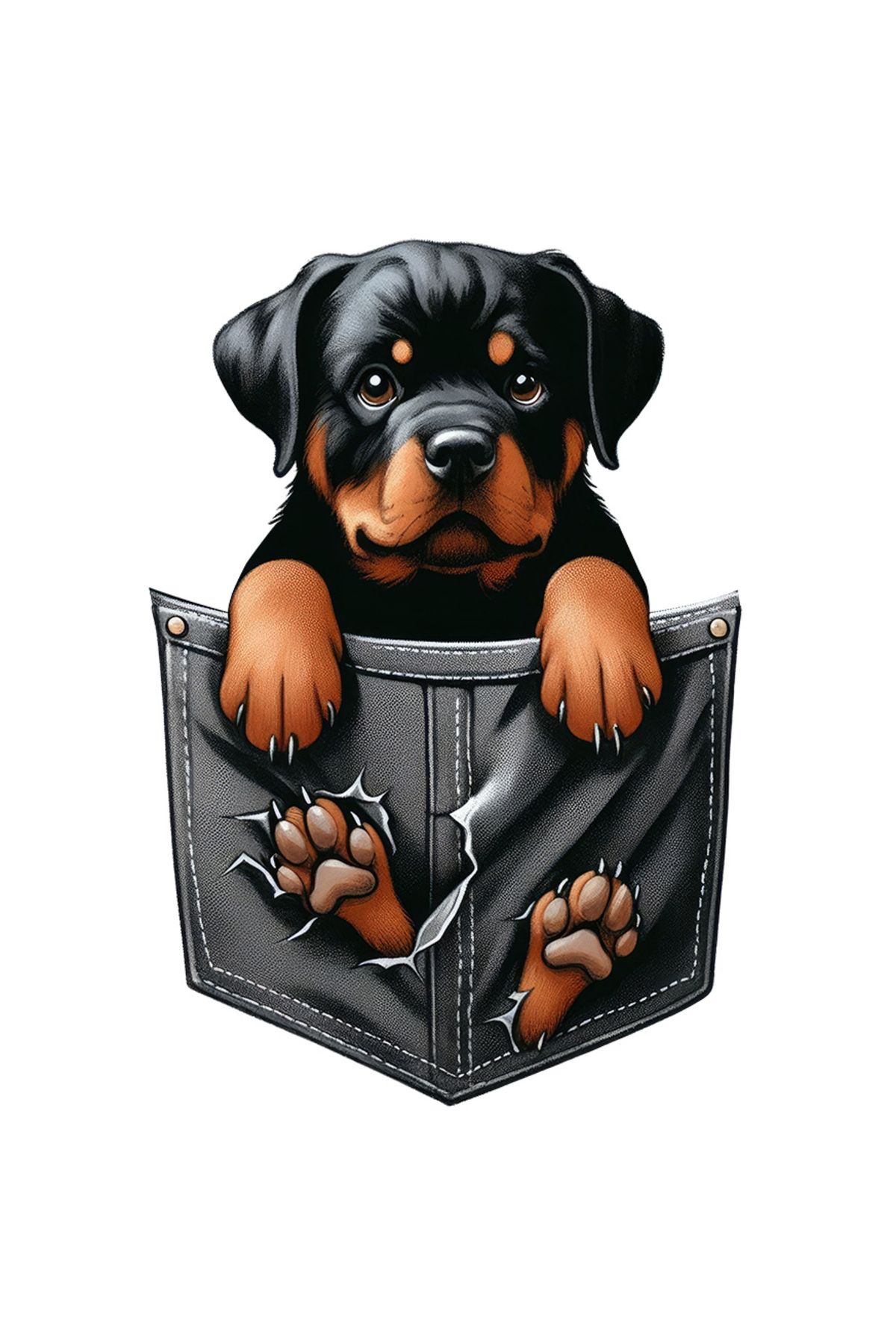 StoryGift Romania Sticker Adeziv 90cm Cu Un Catelus Rottweiler Care Sta Intr-un Buzunar, Rupt, Privire "nevinova - One Size