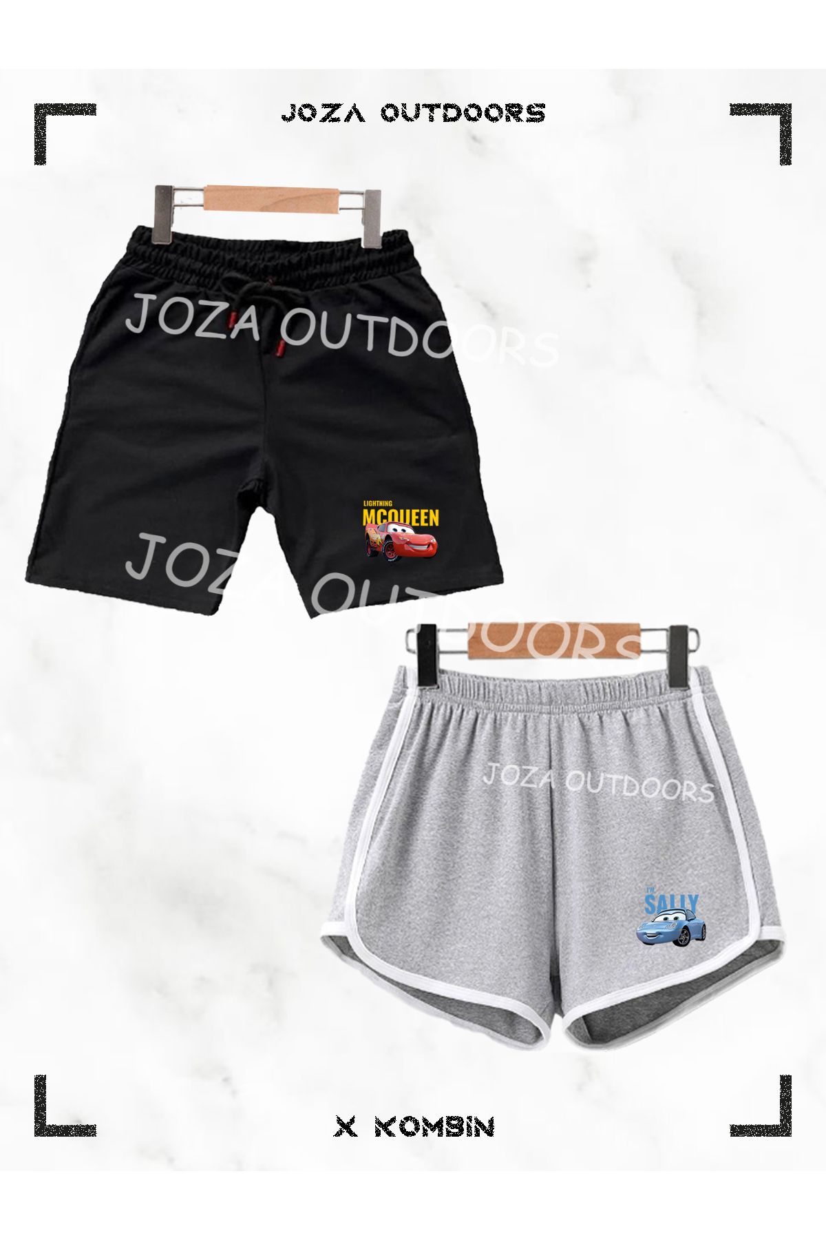 Joza Outdoors Kadın Erkek Unisex Sally & Mcqueen Baskılı Sevgili Çift Kombini Penye Şort ve Biyeli Şort 2li Takım