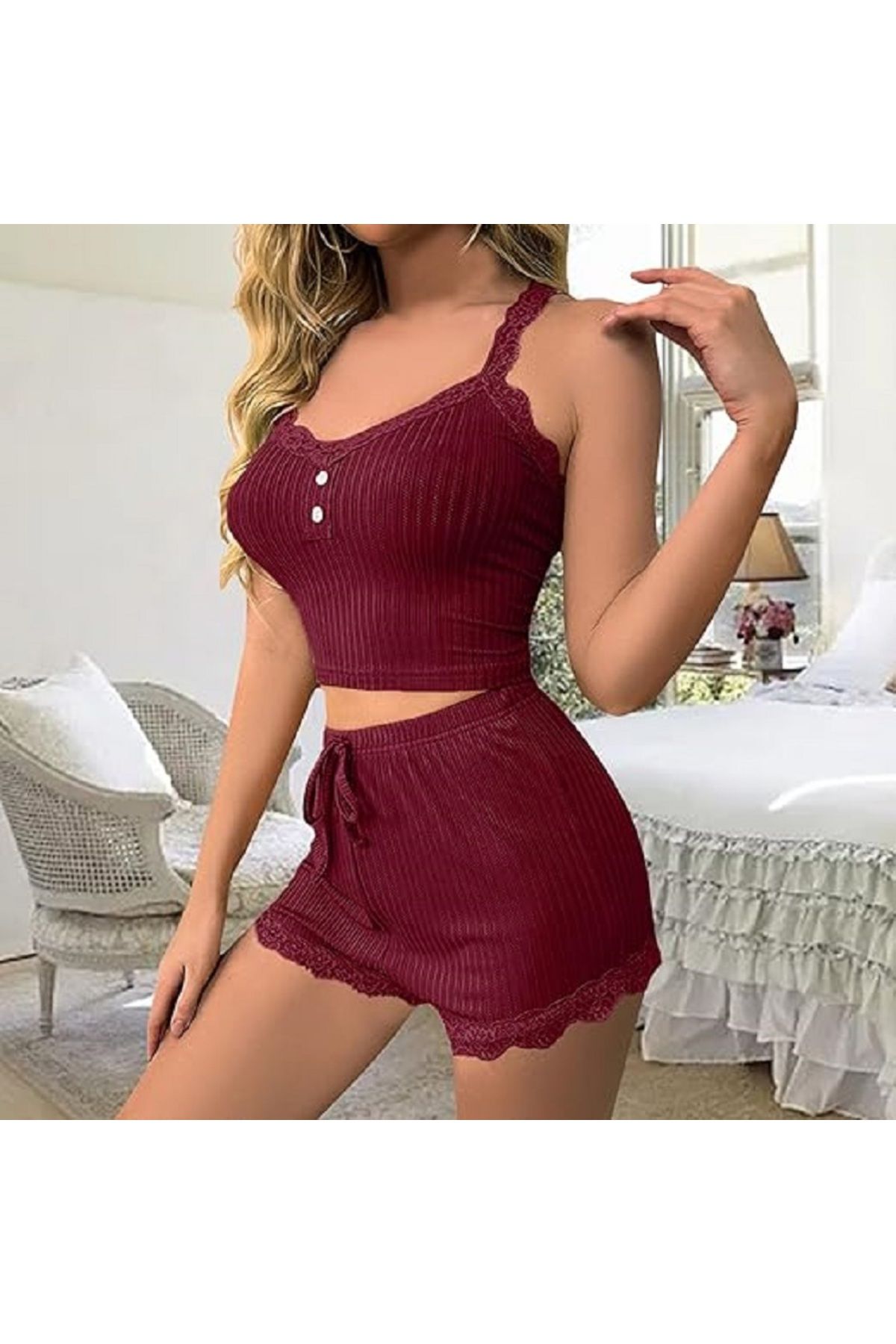 MODA La Pure Bordo Dantel Detaylı Askılı Şortlu Pijama Takımı – Kadın Yazlık Ev Giyim Ribana Takım