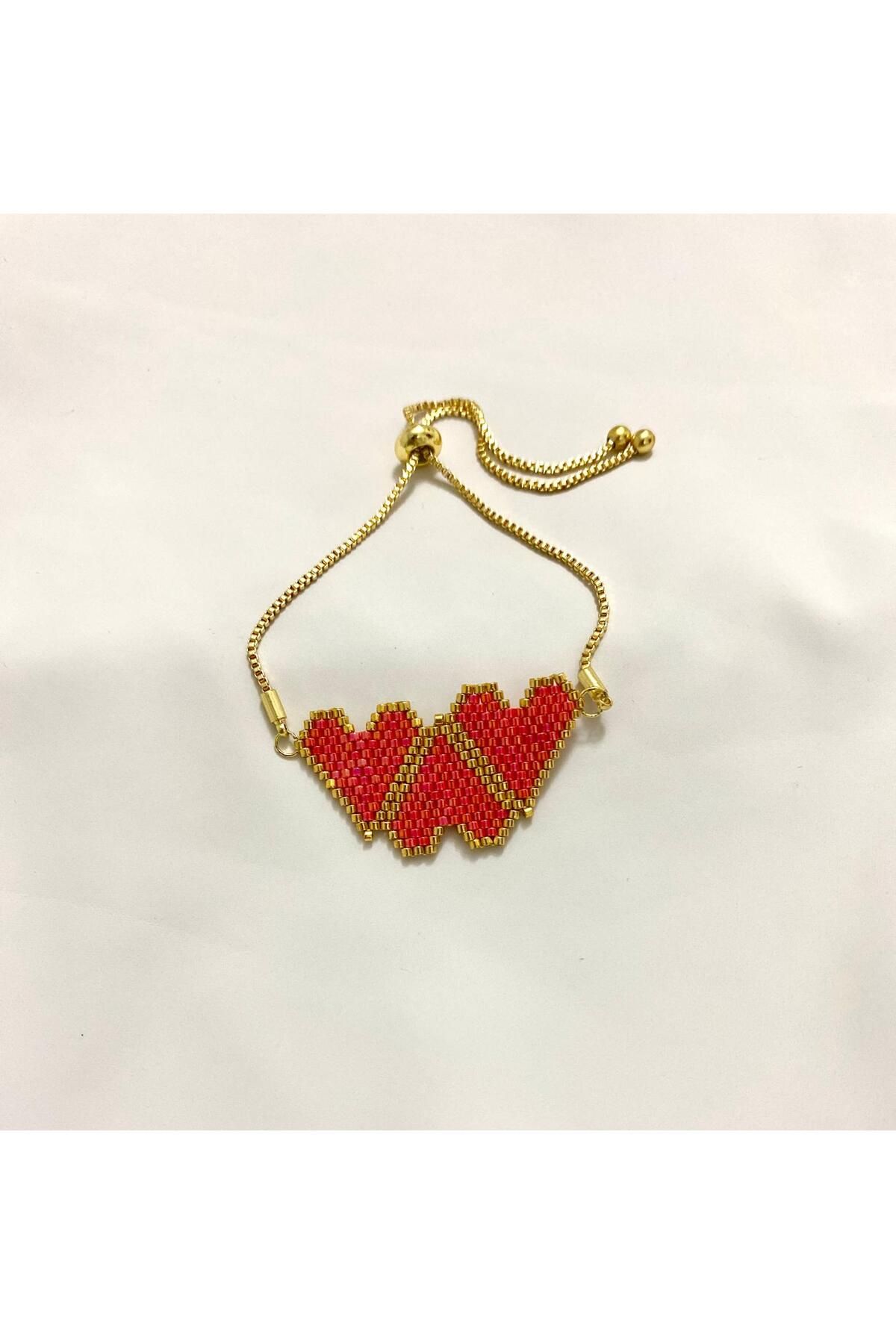 Butik Üçlü kalp bileklik(gold-kırmızı)