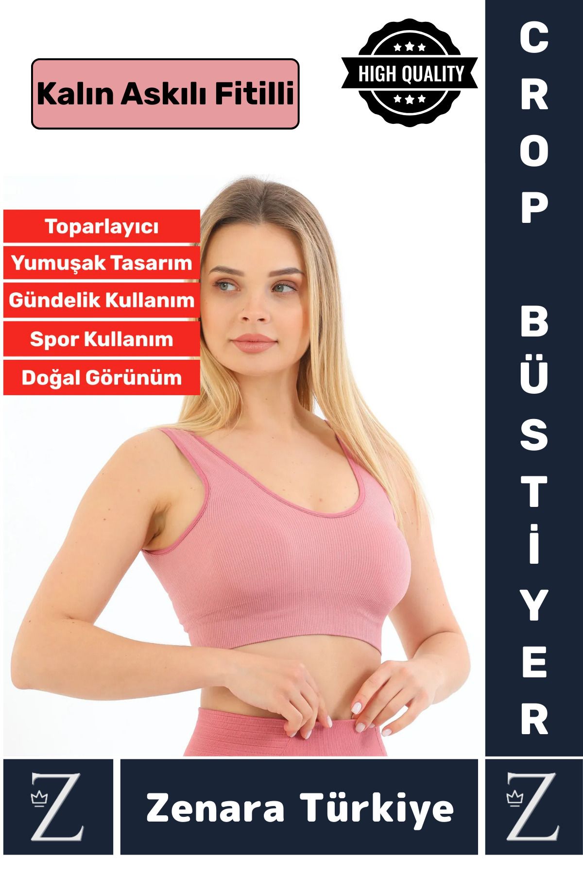 Zenara Özel Model Göğüs Toparlayan Sarkma Önleyen Gündelik Spor Kullanım Kalın Askılı Fitilli Crop Büstiyer