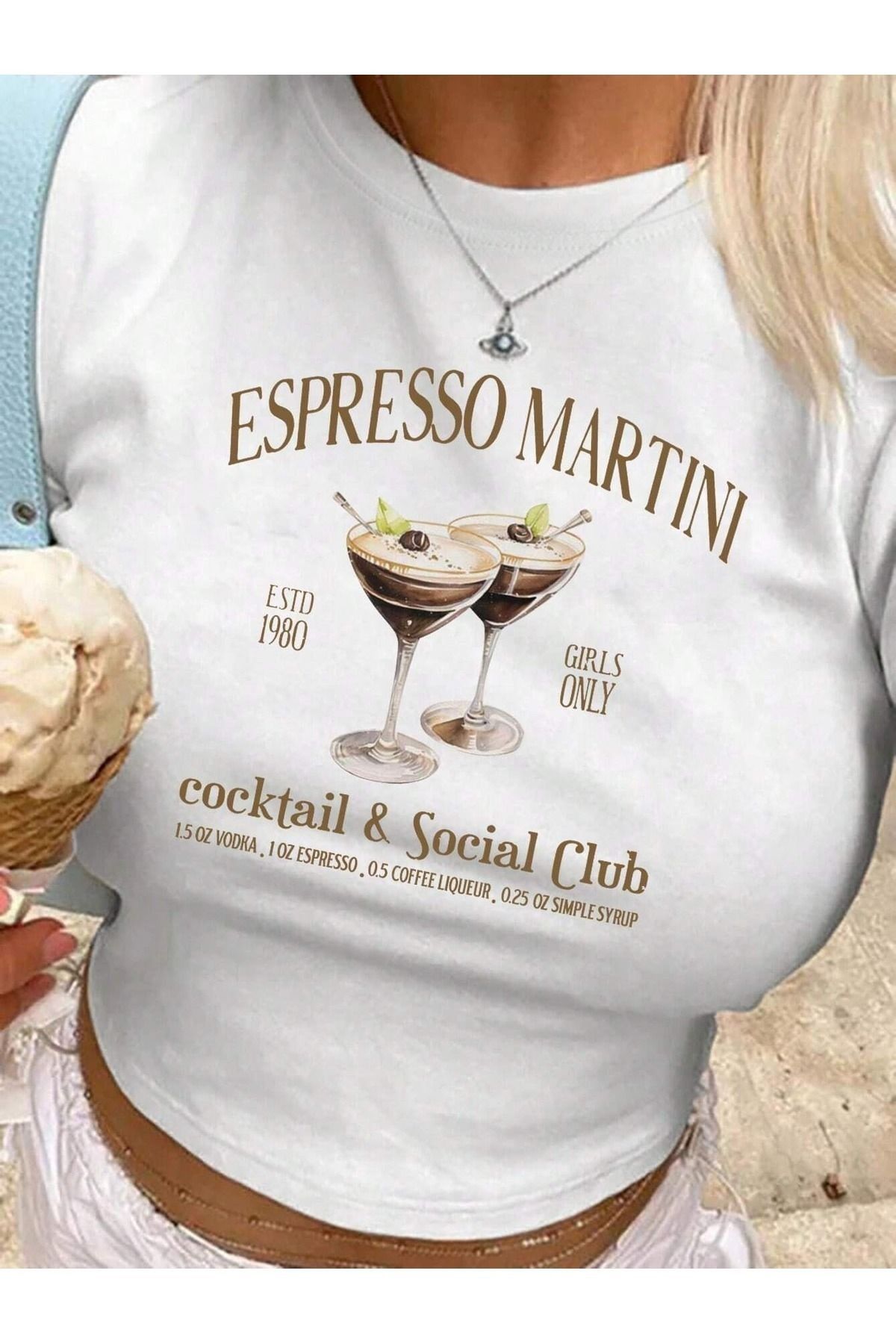 PALPİTO Kadın Beyaz Espresso Baskılı Bisiklet Yaka Dar Crop Tshirt