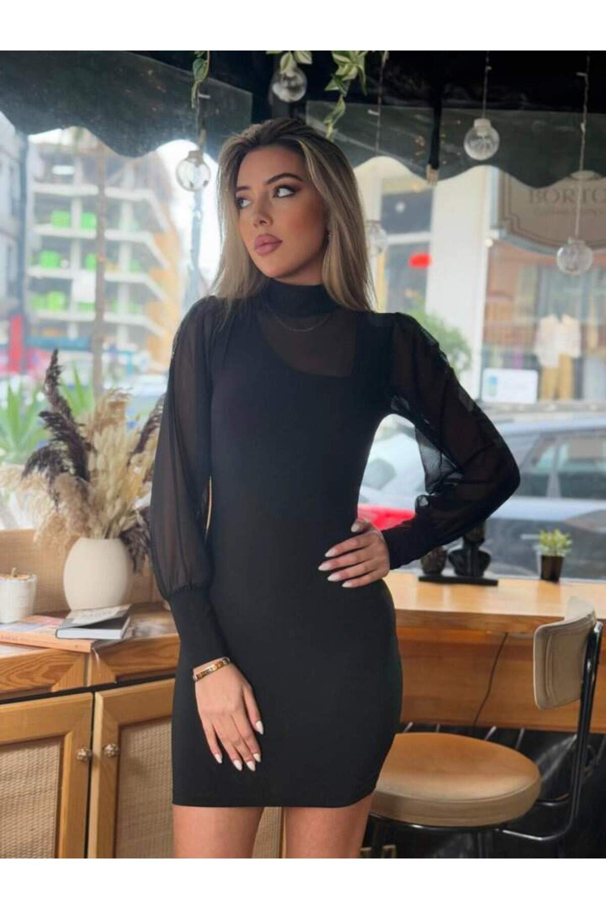 ANGELINO Kadın Balıkçı Yaka Transparan Detay Fırsat ürün Sandy Kumaş Mini Elbise