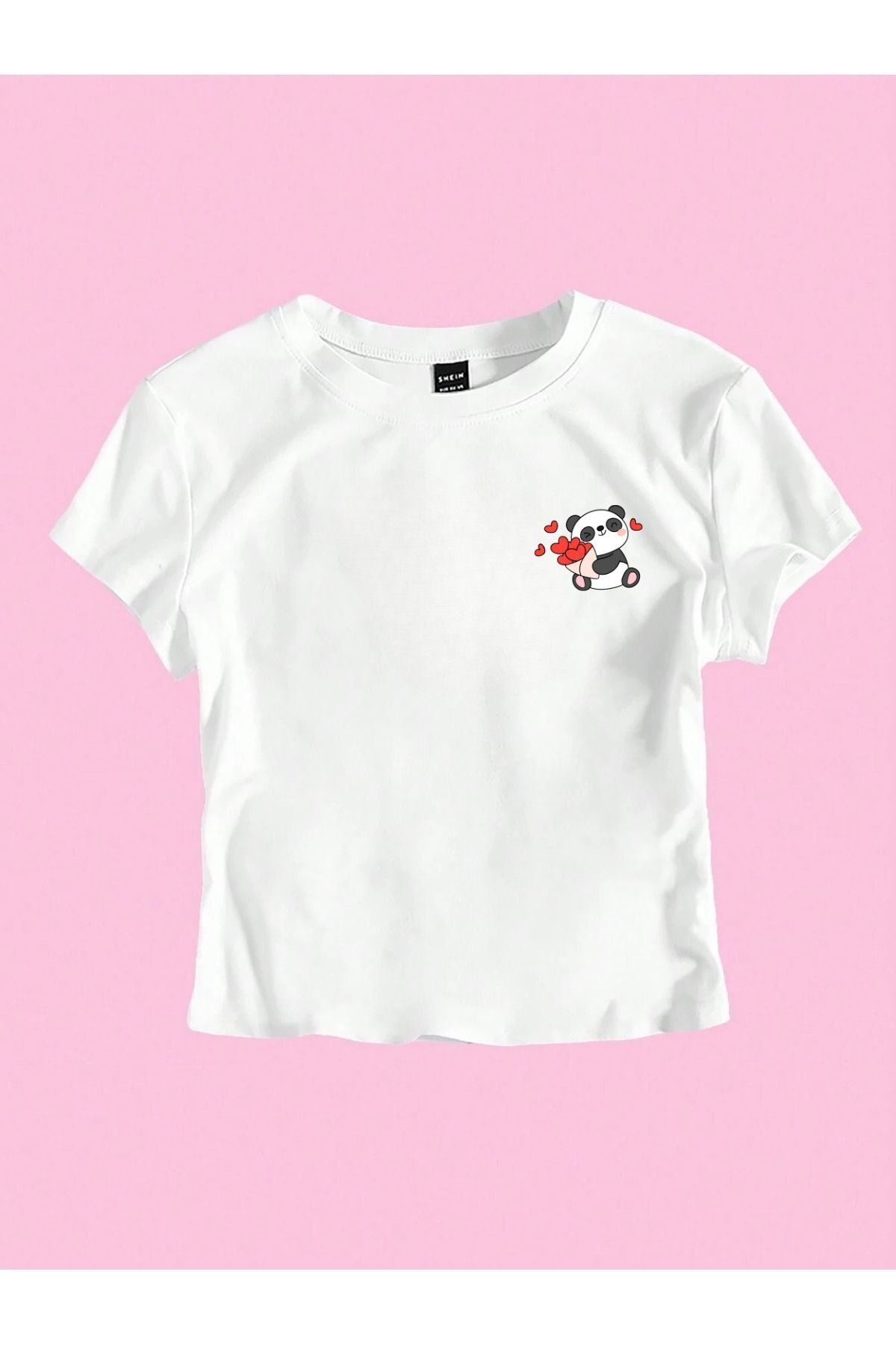 PALPİTO Kadın Beyaz Kalp Panda Baskılı Bisiklet Yaka Dar Crop Tshirt