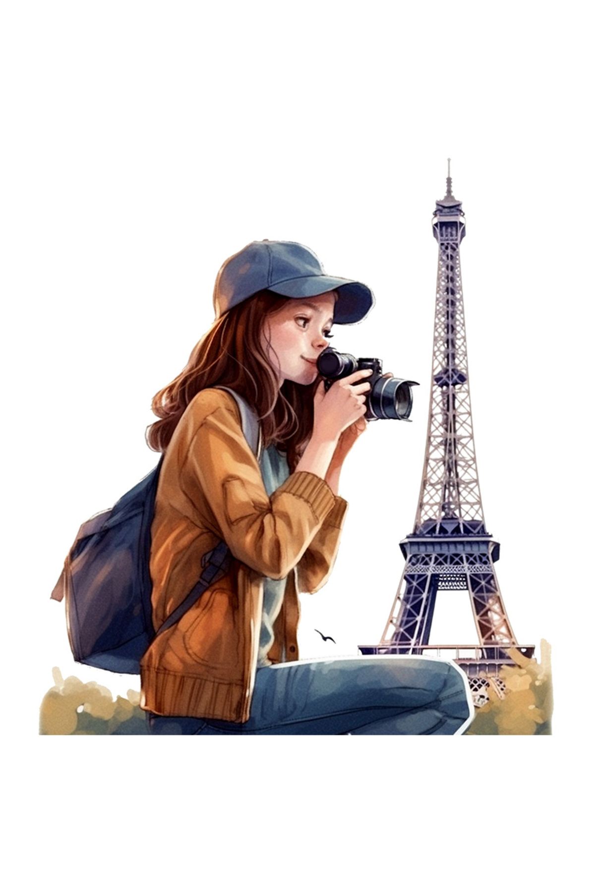 StoryGift Romania Sticker Eticheta 50cm Cu O Fata Care Face Fotografii, Calatorie, Ilustratie, La Paris, Turnul - One Size