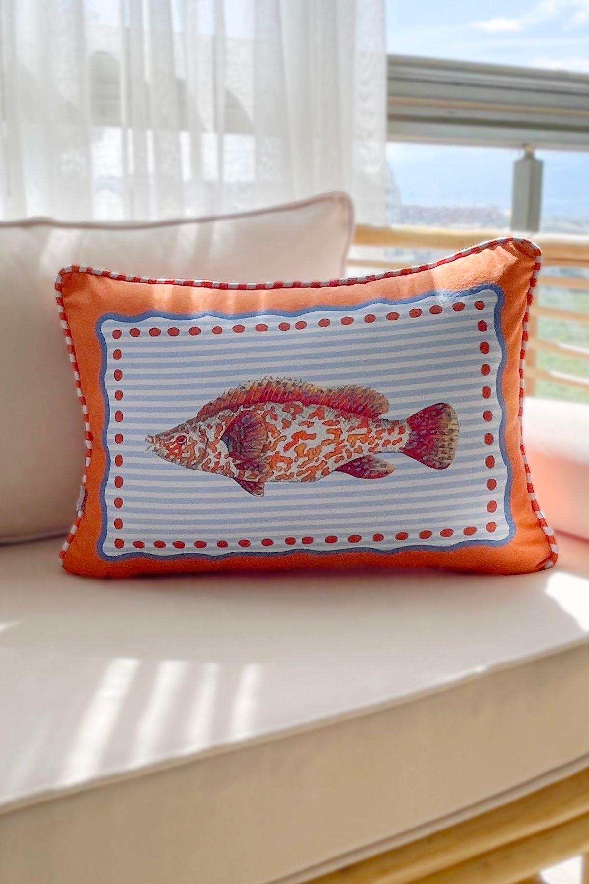 RİTMOHOME Balık Desenli Biyeli Marin, Deniz, Vintage, Country, Bohem 35x50 Dekoratif Yastık(İÇİ DOLGULU)