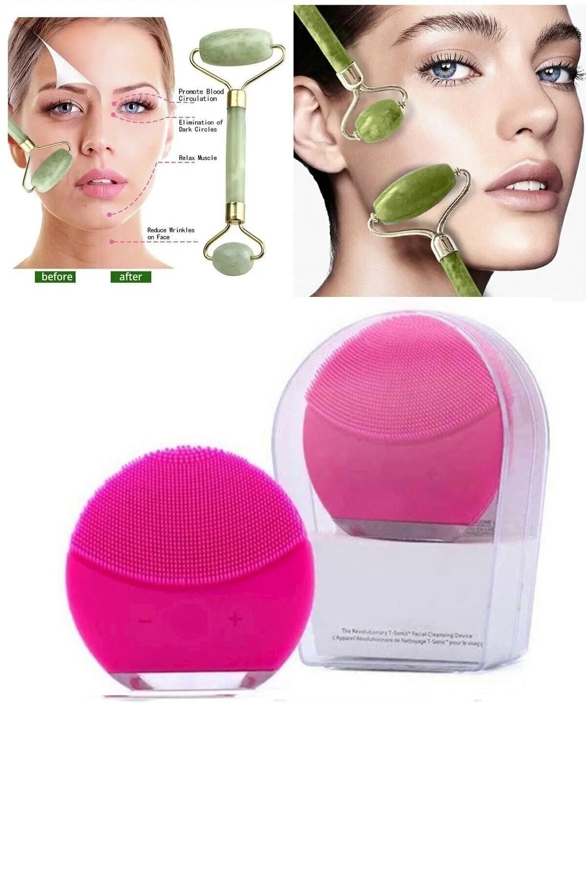 KAİZEN Şarj Edilebilir Fuşya Yüz Temizleme Cihazı + Jade Roller 2'li Yeşim Taşı Masaj Aleti