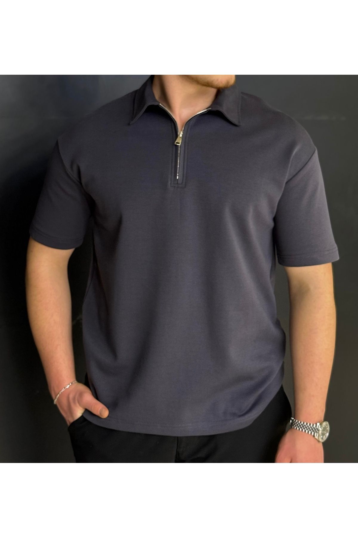 Alpha star Doubleface yarım fermuarlı polo yaka oversize t-shirt