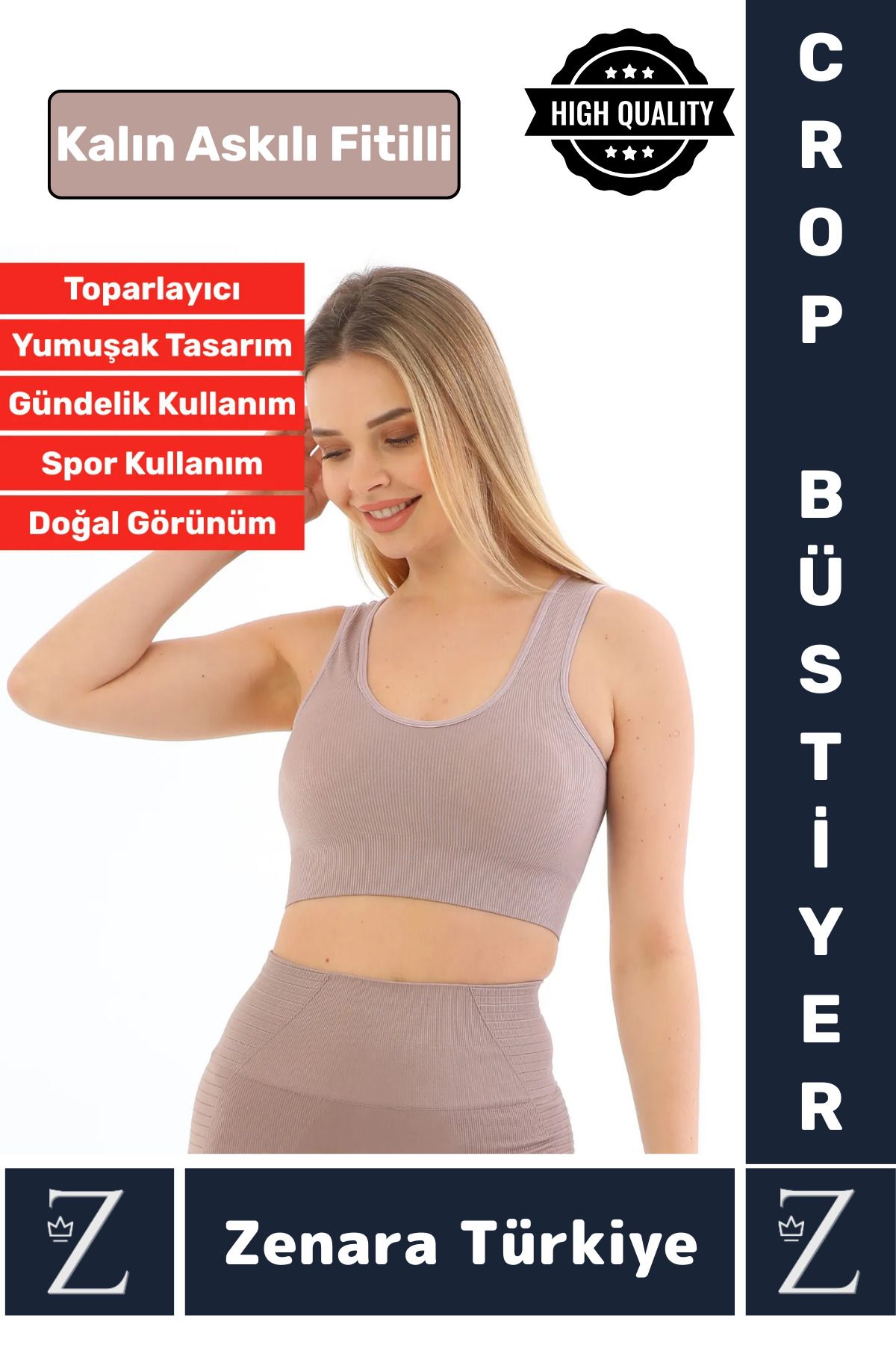 Zenara Özel Model Göğüs Toparlayan Sarkma Önleyen Gündelik Spor Kullanım Kalın Askılı Fitilli Crop Büstiyer