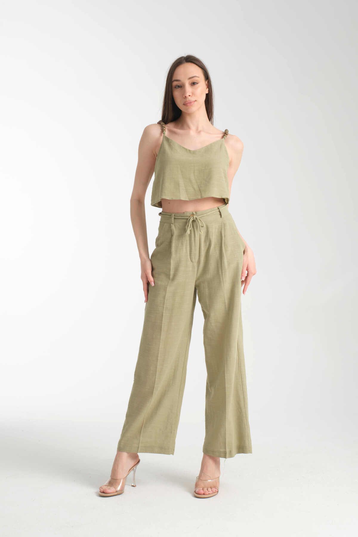 İLKCET MODA Boncuk Detaylı Keten Alt Üst Kadın Takım