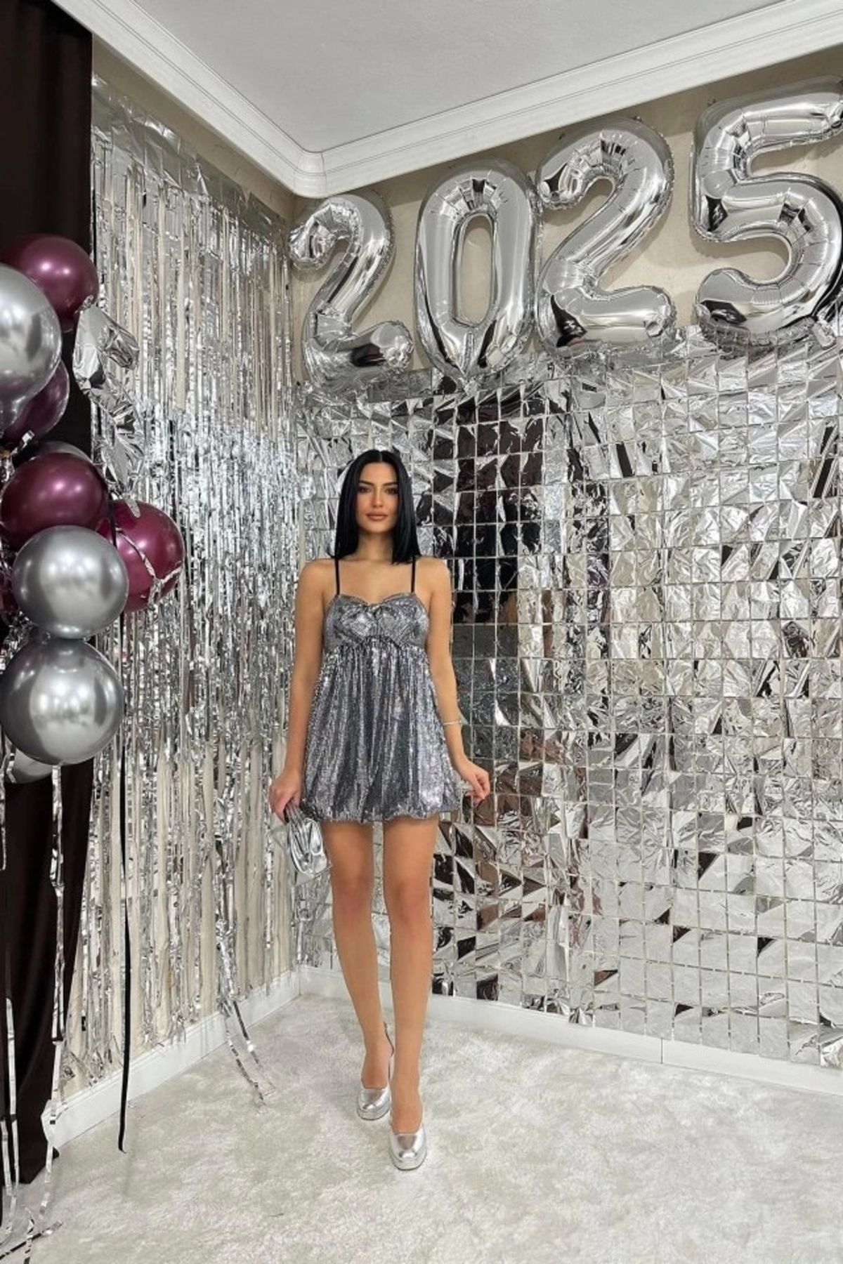 nedo7 Gri Önü Fiyonklu Balon Elbise