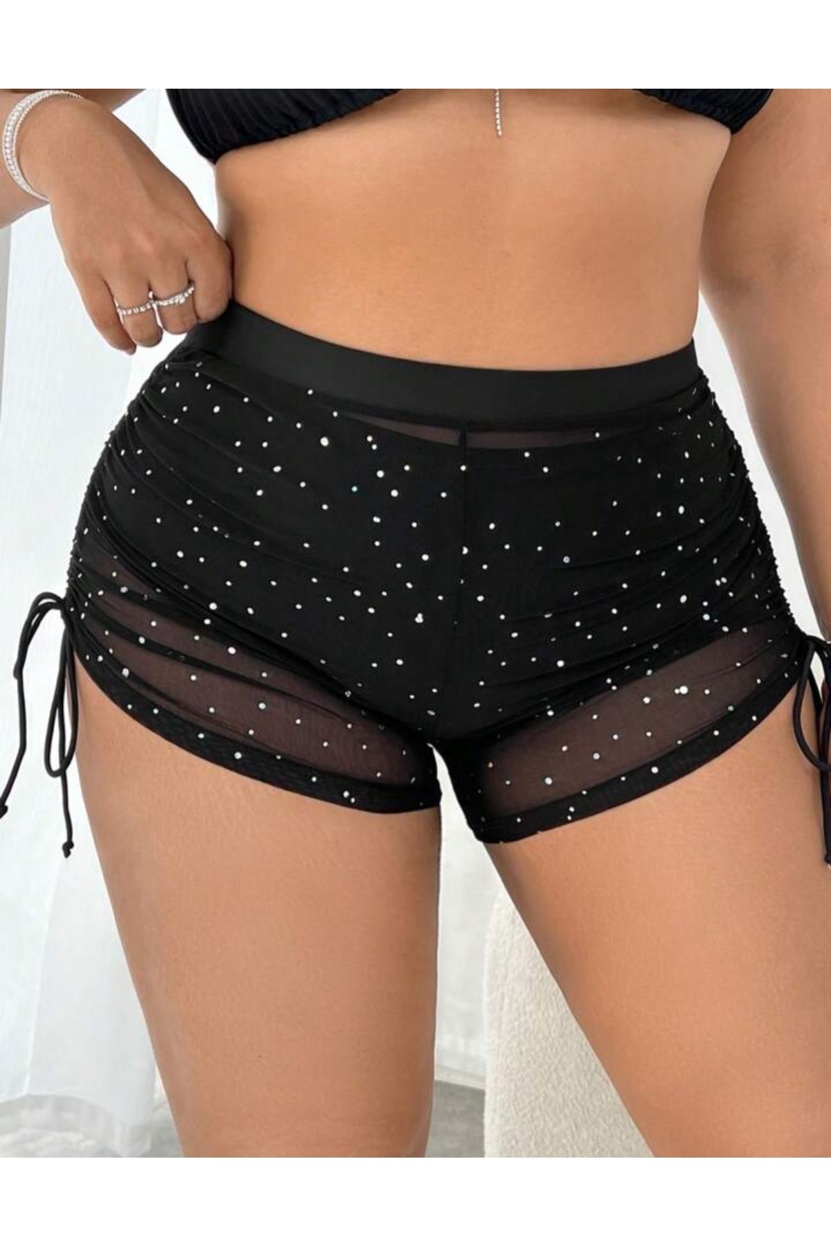 MAROVOAY Yanları bağcıklı beli lastik pul payet transparan şort,pareo