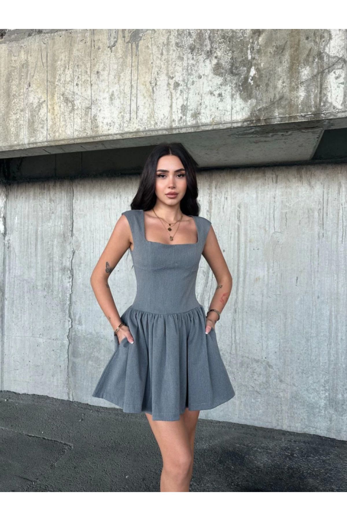 ANGELINO Kolsuz Mini Elbise- Gri