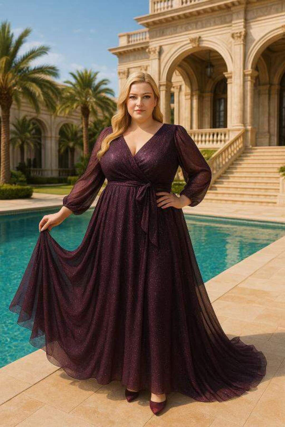 angelino butik Büyük Beden Kendinden Simli Uzun Kollu Kendinden Simli KL3047 Mor Abiye Elbise