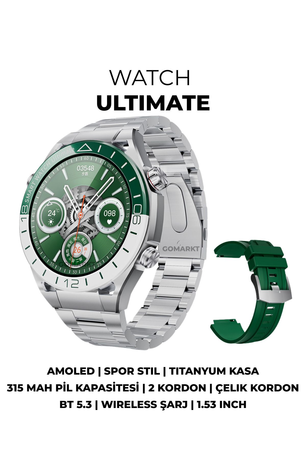 GoMarkt Ultimate Smart Watch Titanyum 46mm Amoled Ekranlı IOS&Android Uyumlu Akıllı Saat Çelik Kordonlu