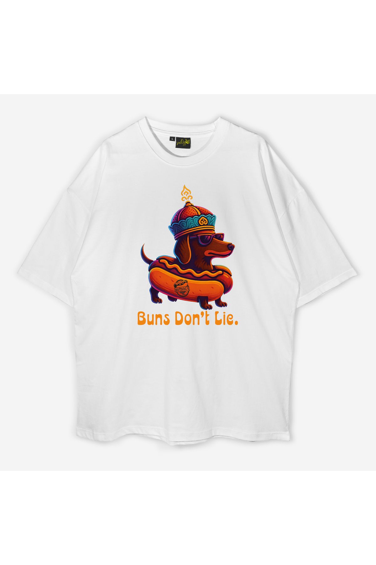 swOzz Oversize Unisex Hotdog Tişört – Buns Don’t Lie Baskılı Tasarım | Sokak Stili Komik Tshirt