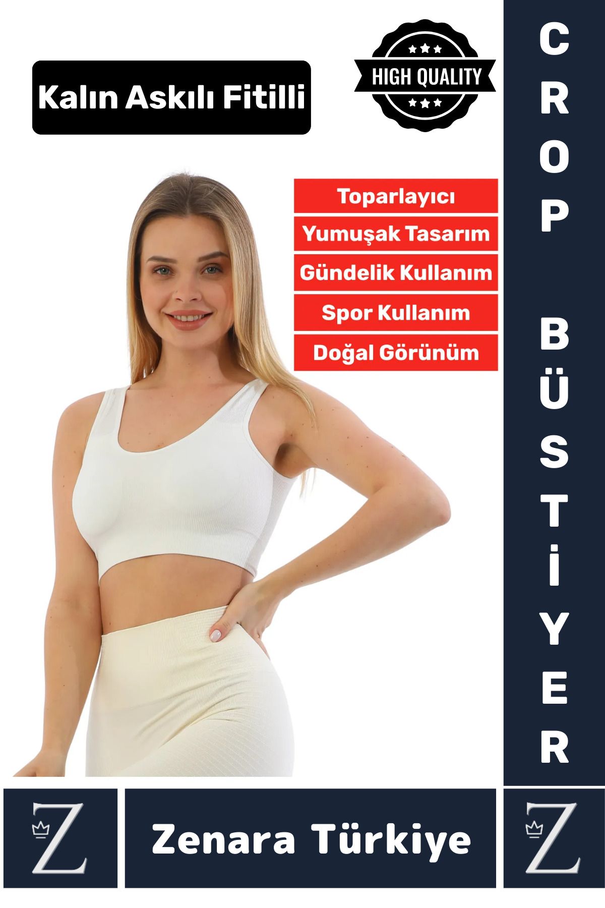 Zenara Özel Model Göğüs Toparlayan Sarkma Önleyen Gündelik Spor Kullanım Kalın Askılı Fitilli Crop Büstiyer
