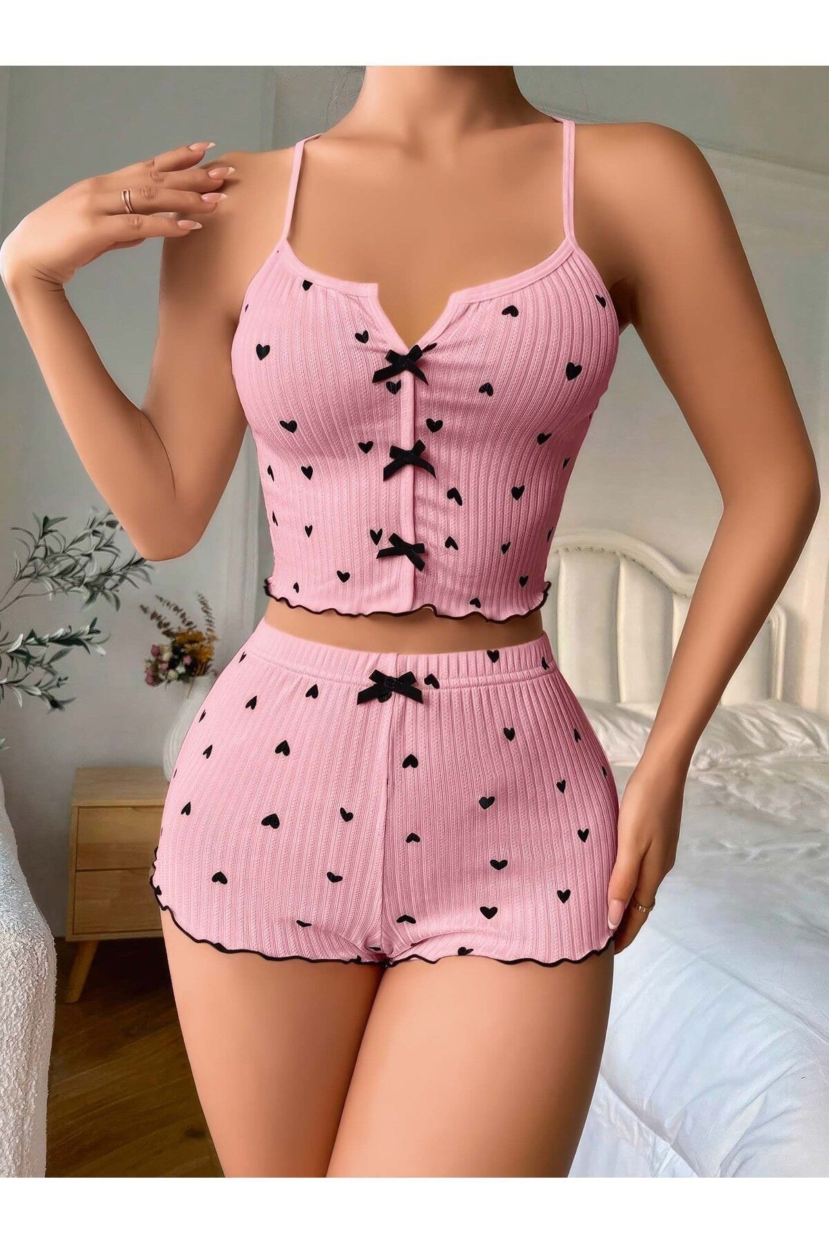 STARRY NIGHT Pembe renk siyah kalp desenli şortlu pijama takımı