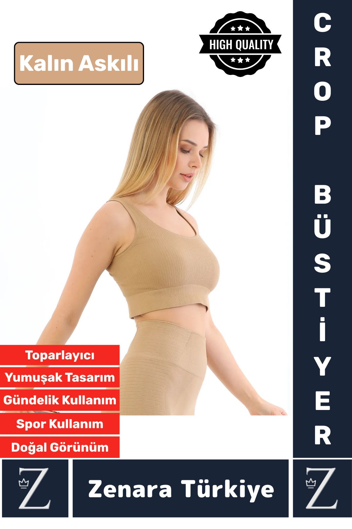 Zenara Yüksek Kaliteli Göğüs Toparlayan Sarkma Önleyen Gündelik Spor Kullanım Kalın Askılı Crop Büstiyer