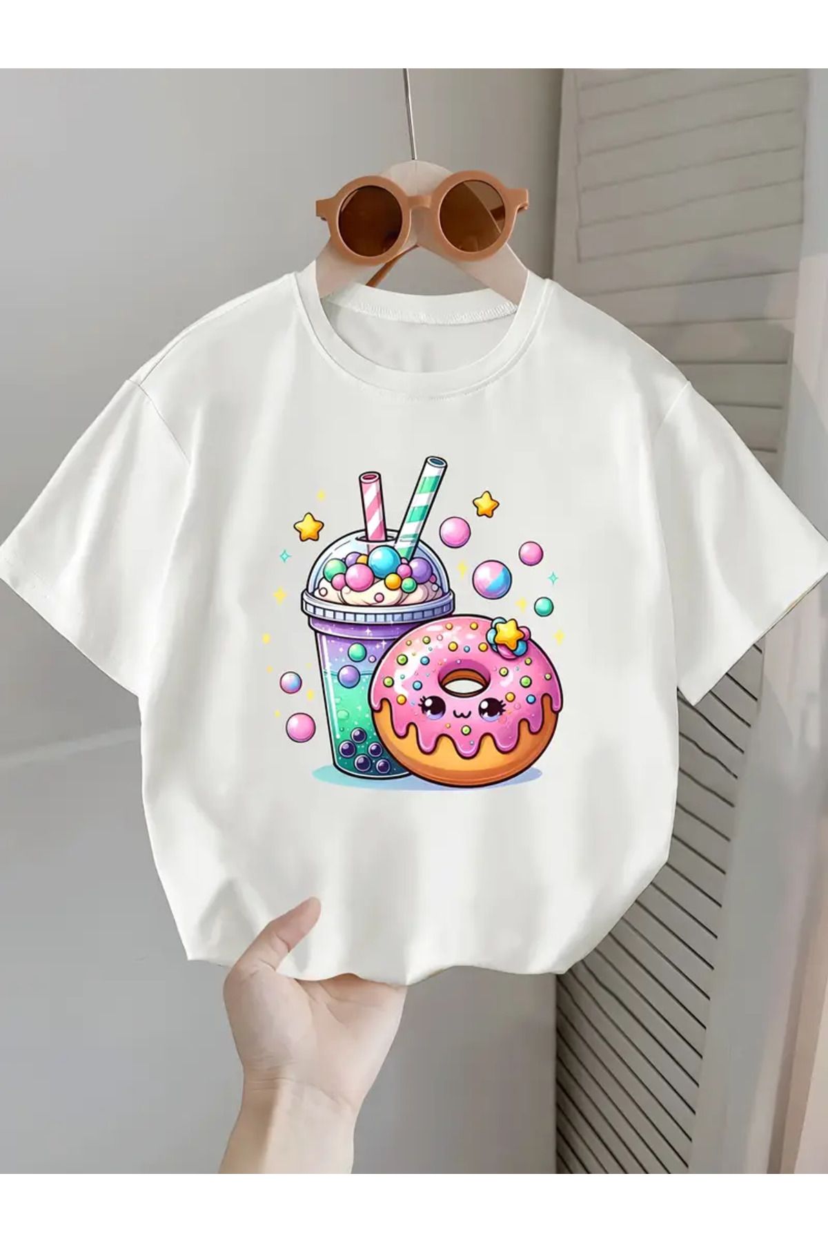 AEMİ Unisex Donut Bubble Tea Baskılı %100 Pamuk Oversize T-shirt