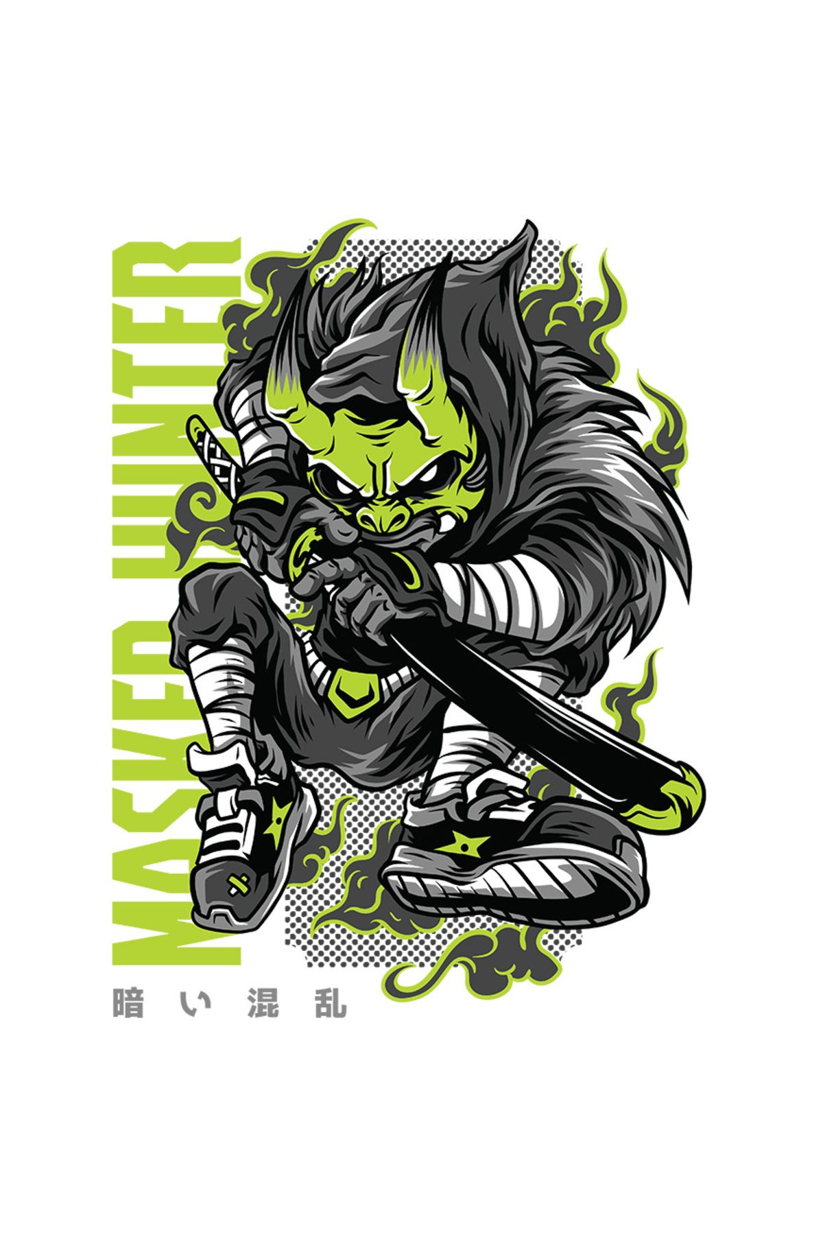 StoryGift Romania Sticker Eticheta 40cm Cu Ninja Masca Stil Chinezesc, Text Verde Neon In Engleza Masked Hunter, - One Size
