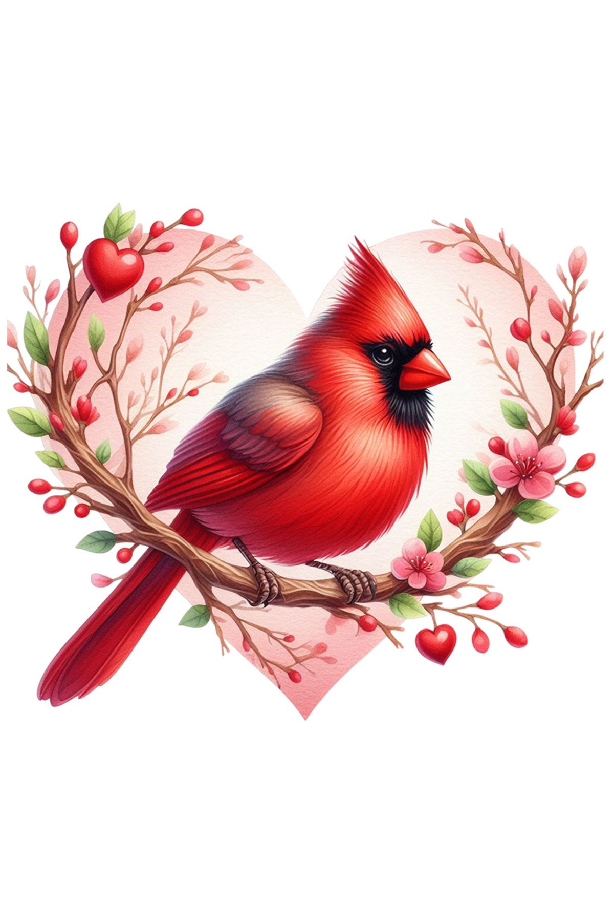 StoryGift Romania Sticker Cu O Pasare Rosie, Ilustratie, Inimioare, Iubire, Valentine's Day, Ramuri, Floricele, Apr - Mărime unică