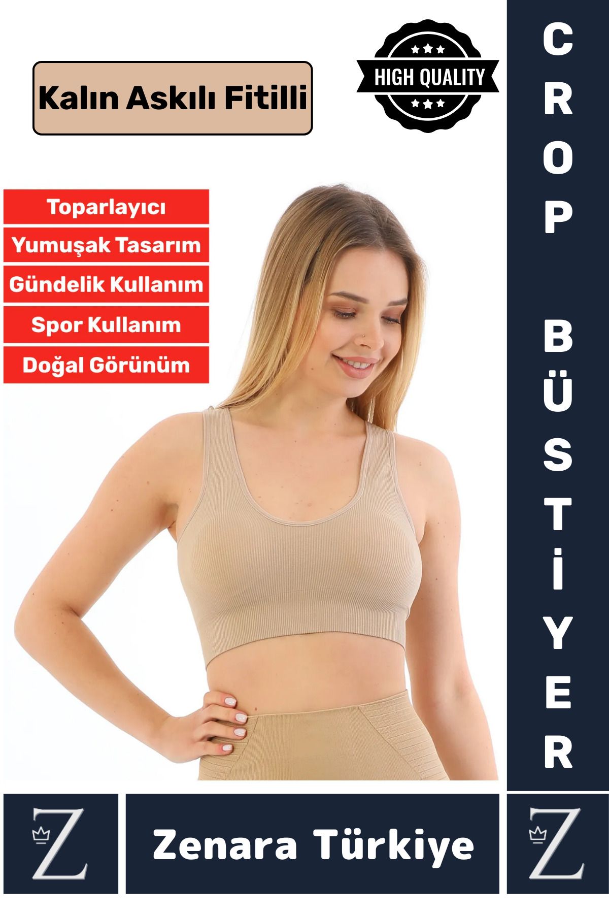 Zenara Özel Model Göğüs Toparlayan Sarkma Önleyen Gündelik Spor Kullanım Kalın Askılı Fitilli Crop Büstiyer