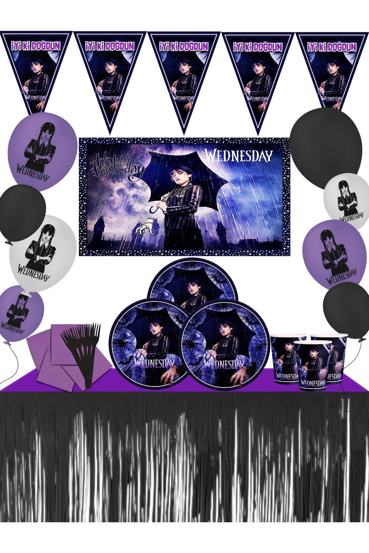 snowparty Wednesday Addams Afişli Metalize Masa Etekli Doğum Günü Parti Malzemeleri Süsleri Seti