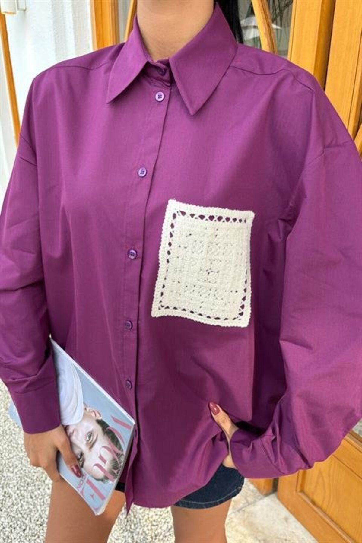 ceylinmoda Süzine Cepli Arkası Yırtmaçlı Oversize Gömlek 3420