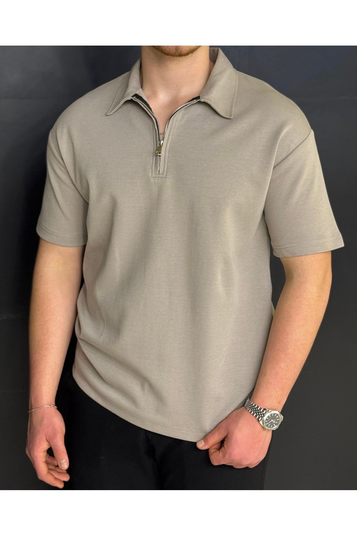 Alpha star Doubleface yarım fermuarlı polo yaka oversize t-shirt