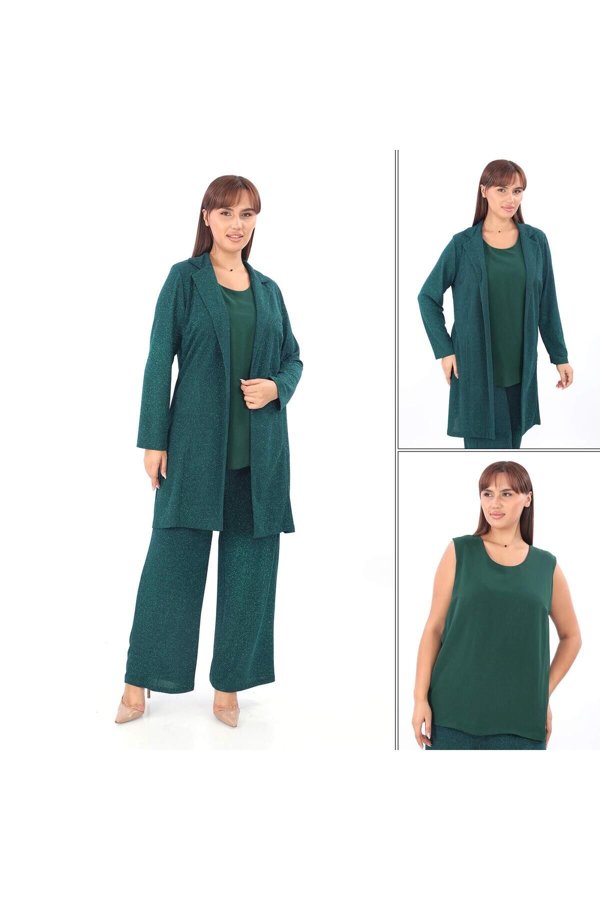 angelino butik Büyük Beden Kadın Simli 3 Parça Pantolon Bluz Ceket Abiye Takım KL3081 Zümrüt Yeşili