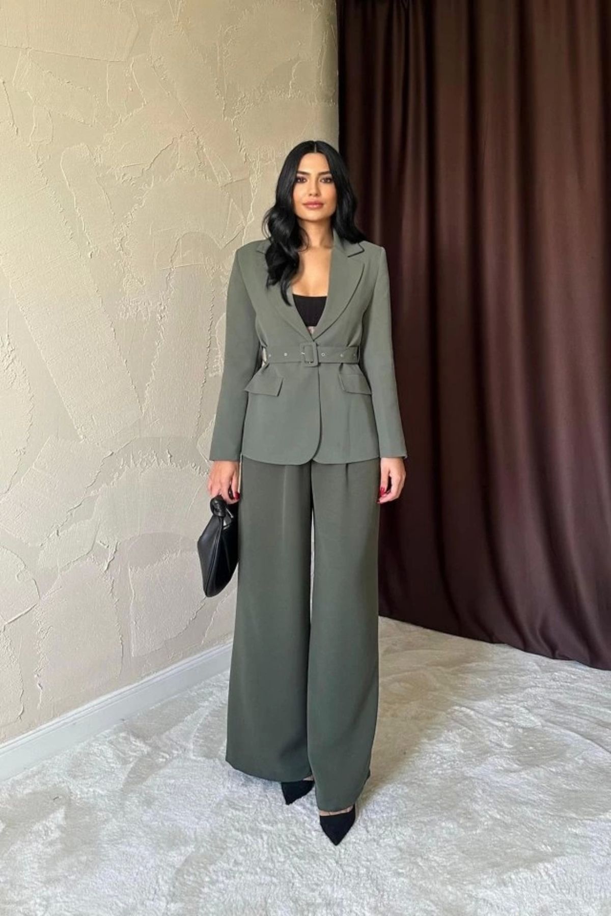 nedo7 Haki Cep Kapaklı Ve Kemerli Ceket