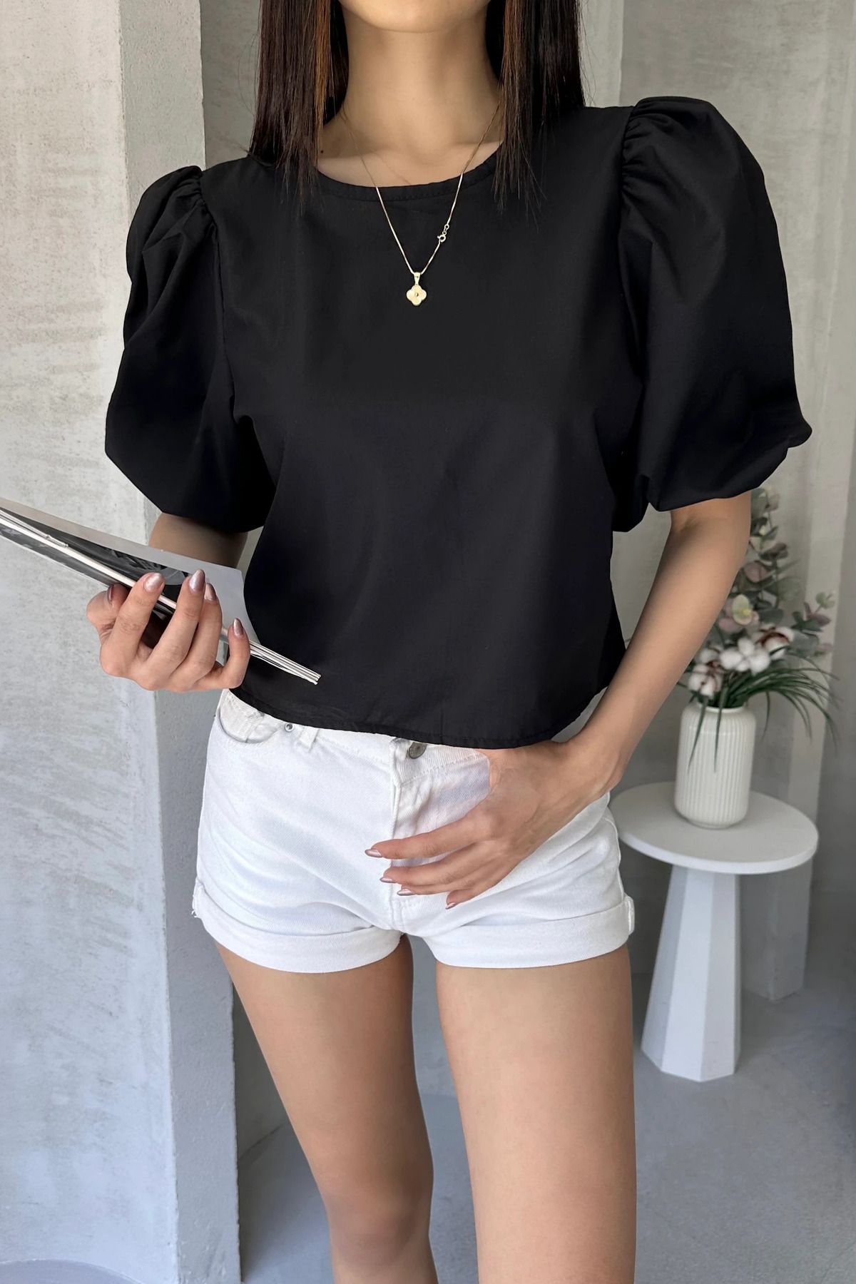 Fav Style Kadın Karpuz Kol Sırtı Bağlamalı Fiyonk Detaylı Poplin Bluz Siyah