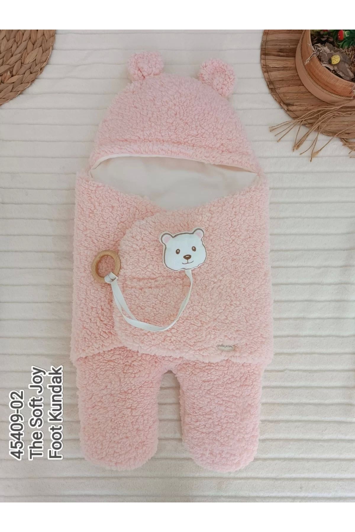 Moda Şahsenem Yenidoğan Kulaklı Şapkalı Açılır Kucaklı Cırt Kapamalı Ayaklı Bebek Battaniyesi Kundak Pembe