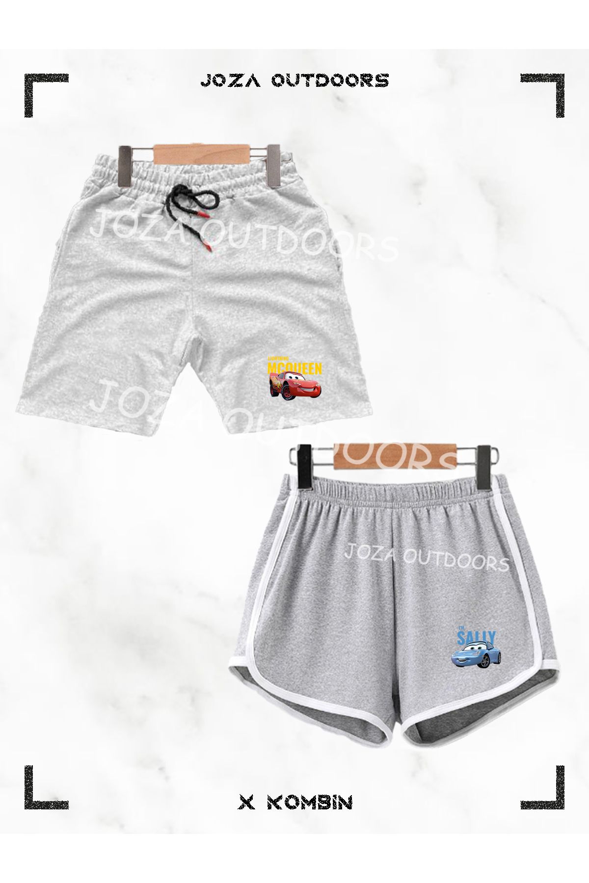 Jobia Outdoors Kadın Erkek Unisex Sally & Mcqueen Baskılı Sevgili Çift Kombini Penye Şort ve Biyeli Şort 2li Takım