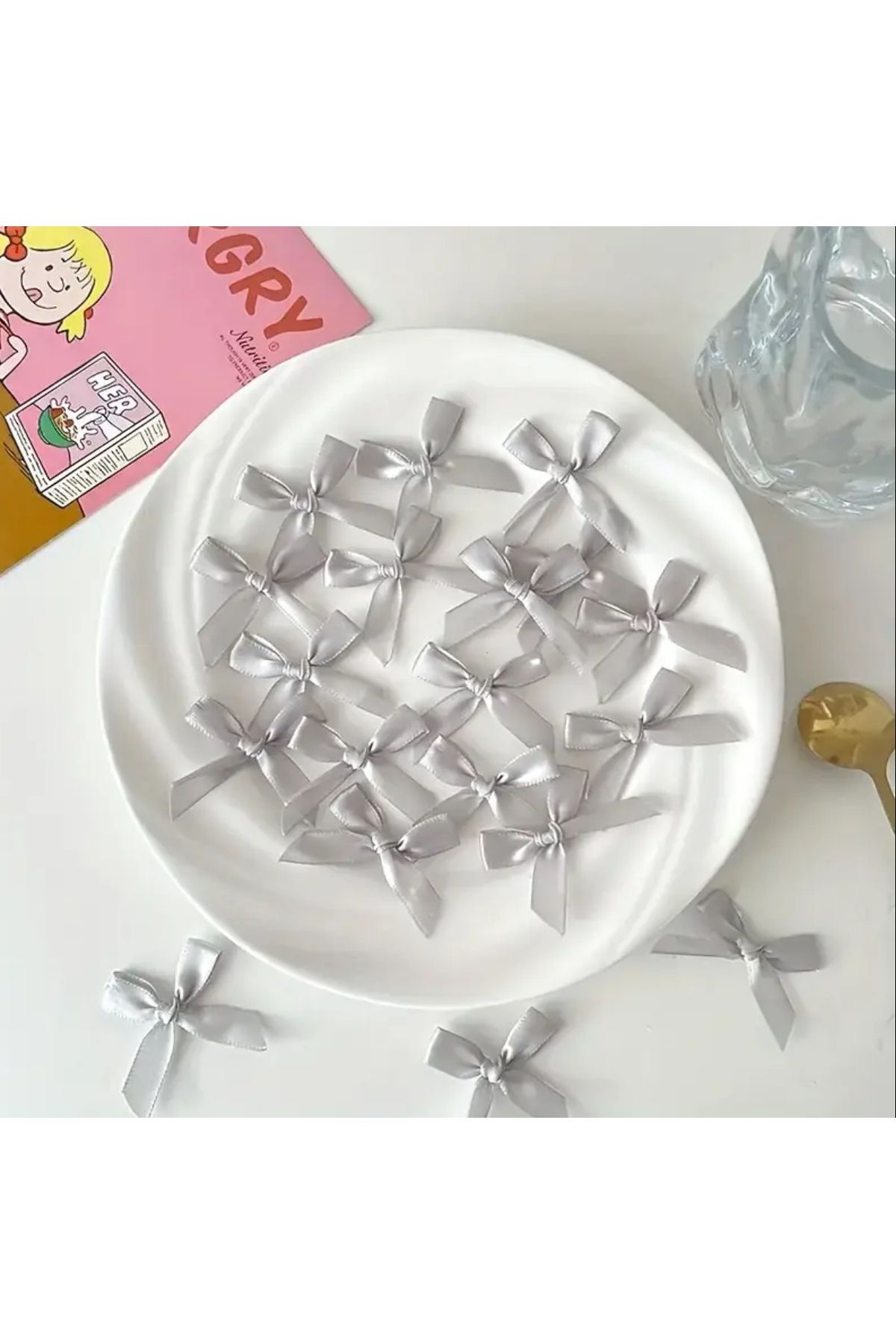 edalle 50 Adet Gri Fiyonk 1cm saten fiyonk kurdele