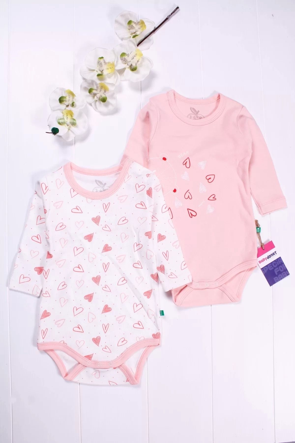 Moda Şahsenem Kalp Desenli Uzun Kol 2'li Kız Bebek Body Seti
