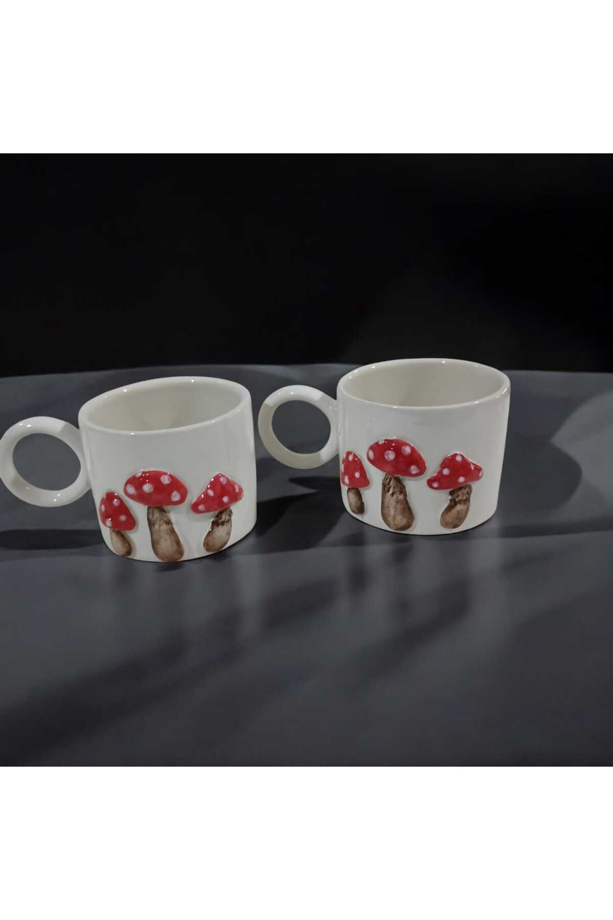 seda seramik El Yapımı Üç Boyutlu İkili Mantarlı Kahve Kupa Bardak Mug 200 ml