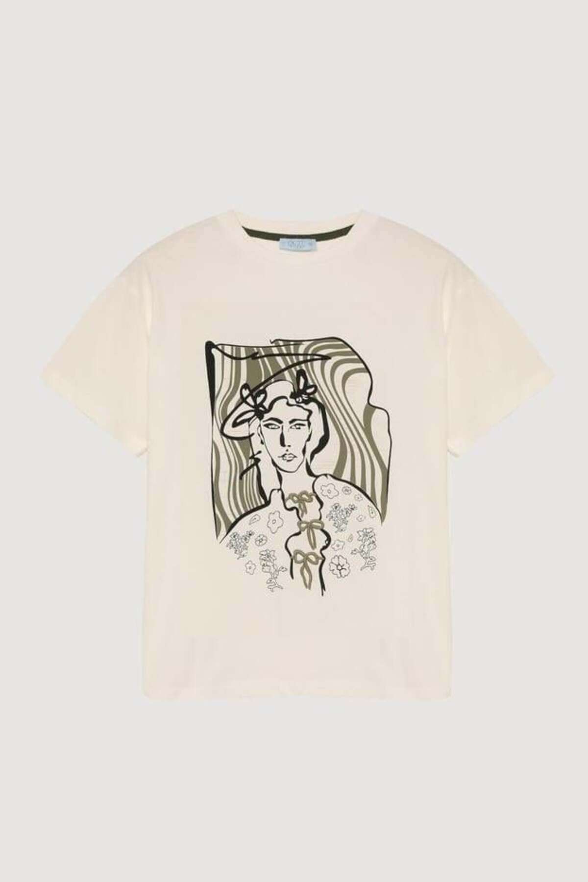 Quzu Nakış Ve Baskı Detaylı T-shirt Ekru