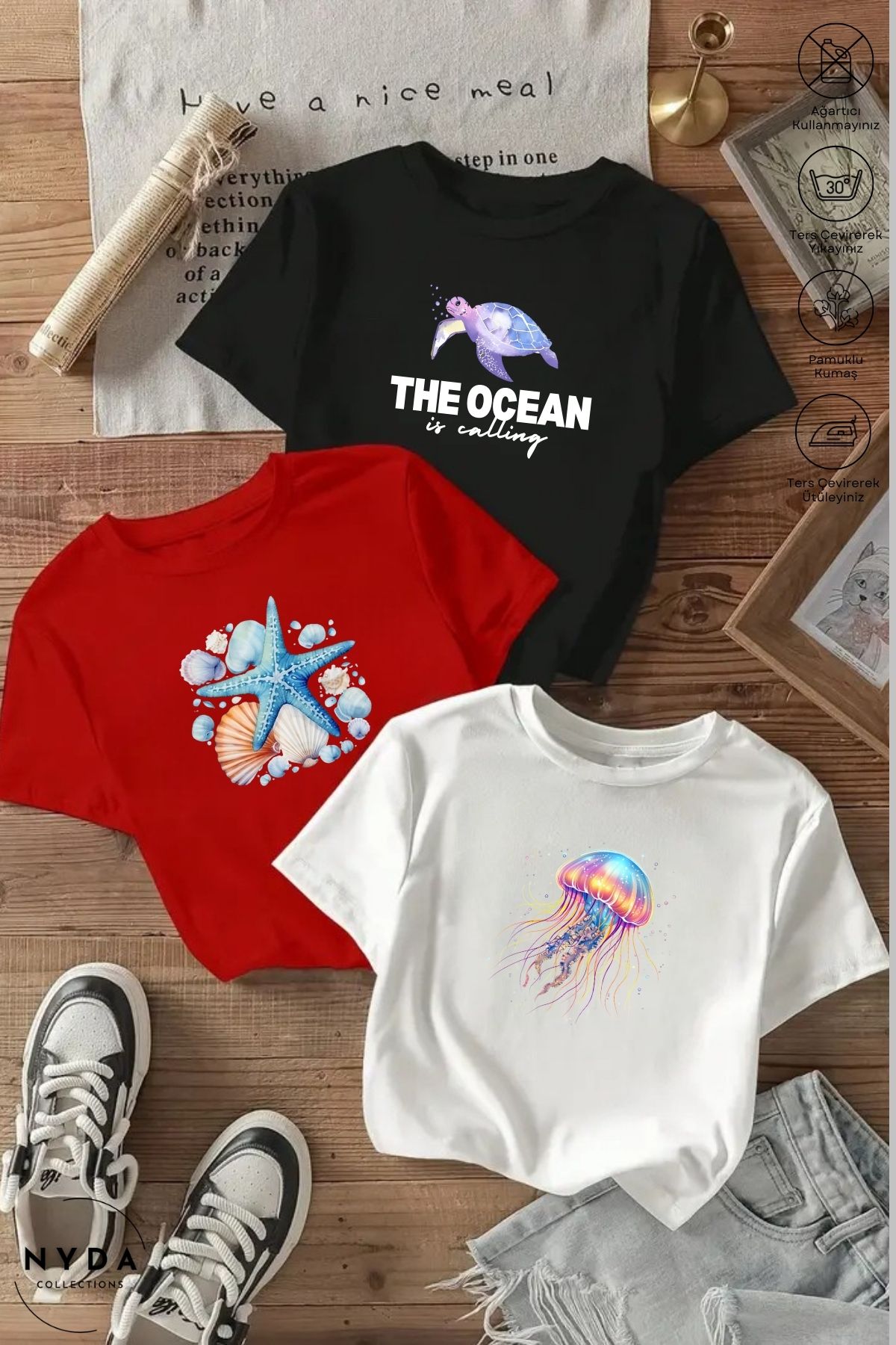 Nyda Collections Kadın Bisiklet Yaka Deniz Baskılı Pamuk Oversize 3lü Renkli Kısa Kollu Tişört Takım