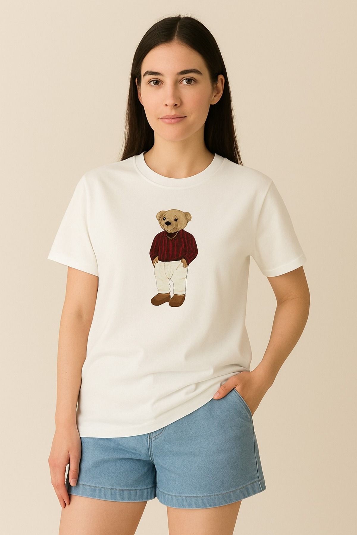 Home Erkek Giyimli Ayıcık Baskılı Beyaz Unisex Tişört